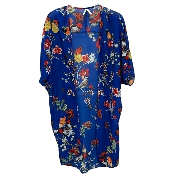 LIVE 4 Truth Short Sleeve Sheer Blue Beachy Floral & Bird Kimono, Swim Coverup - Picture 3 of 11